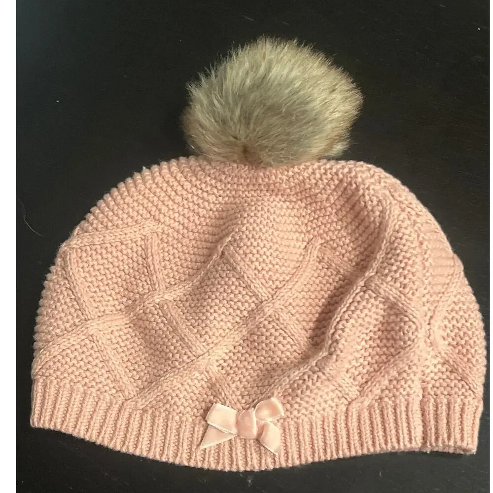 PInk Cable Knit Baby Hat with Faux Fur‎ Pom-Pom - Size 6-12 months